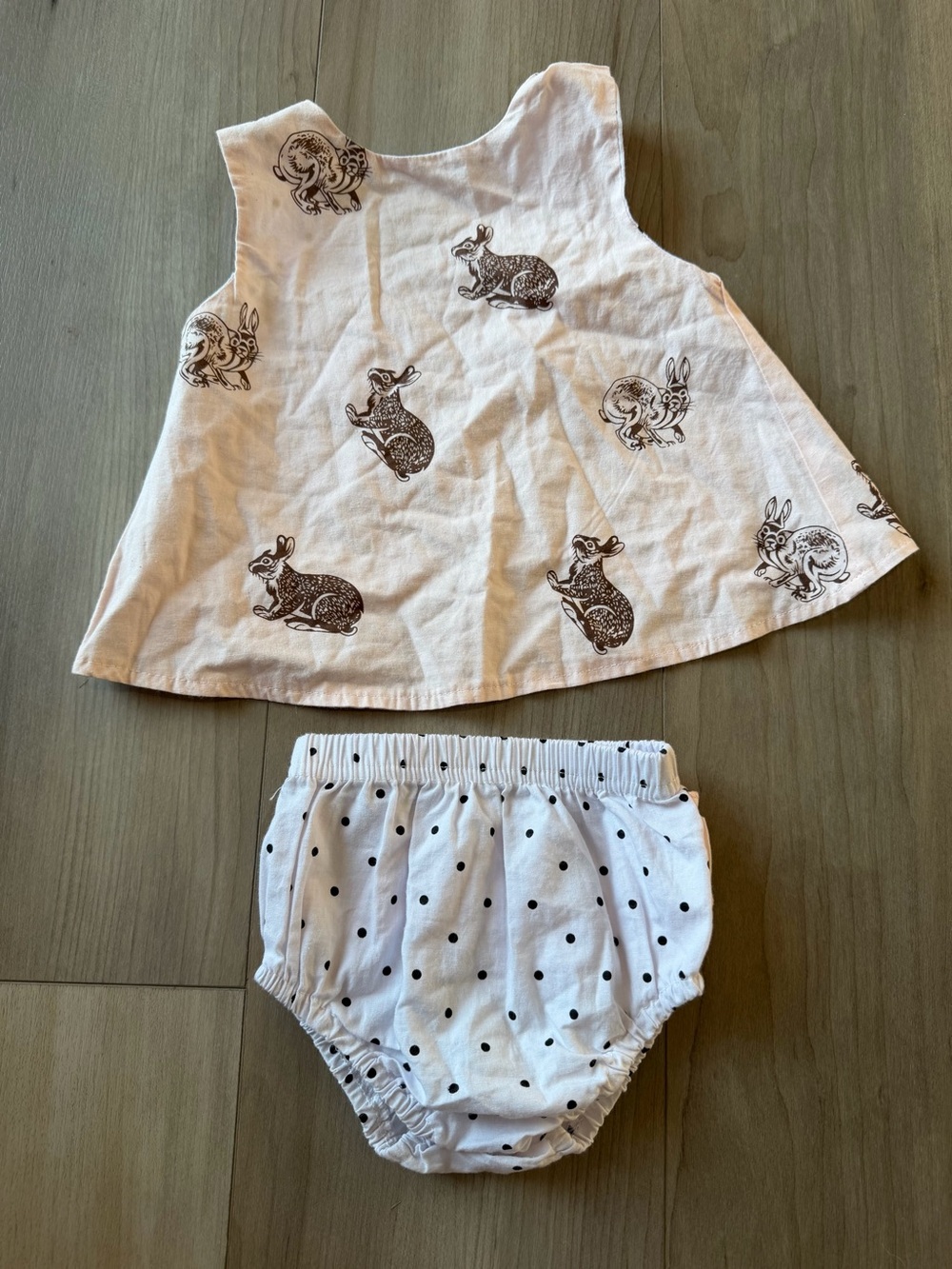 White Bunny Print Toddler Top with Polka Dot Bloomers